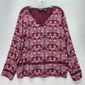 Indigo‎ Tunic Womens 1X Burgundy Floral Print Long Sleeve Top Casual Blouse Plus